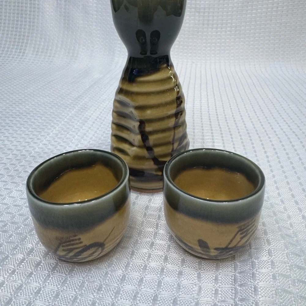 Oribe Green and Brown Sake Set 3 Piece - Picture 3 of 3